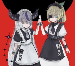 Rule 34 | 2girls, absurdres, apron, black dress, black nails, blonde hair, commentary request, dress, earrings, expressionless, eyepatch, flower, flower over eye, grey hair, hand to hand, highres, hololive, horns, identity (vocaloid), jewelry, kazama iroha, la+ darknesss, looking at viewer, maid apron, maid headdress, multicolored hair, multiple girls, nail polish, nemuta muu, one eye covered, open hand, pointy ears, purple hair, red background, star (symbol), star earrings, streaked hair, tail, virtual youtuber, vocaloid, white dress, wrist cuffs