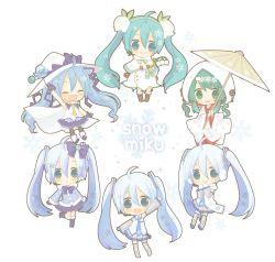 Rule 34 | 1girl, 6+girls, :d, ahoge, aqua eyes, aqua hair, black pantyhose, blue eyes, blue hair, blush, boots, bow, capelet, character name, chibi, closed eyes, detached sleeves, dual persona, earmuffs, fingerless gloves, flower, gloves, hair bow, hairband, hat, hatsune miku, japanese clothes, kimono, lily of the valley, long hair, mittens, multiple girls, najo, open mouth, pantyhose, parasol, sleeveless, smile, snowflake print, snowflakes, thigh boots, thighhighs, twintails, umbrella, very long hair, vocaloid, waving, witch hat, yuki miku