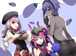 Rule 34 | 10s, 3girls, armpits, ass, backless outfit, bare shoulders, basket, belt, blue eyes, blush, commentary request, dark-skinned female, dark skin, detached sleeves, eggplant, eggplant costume, elizabeth bathory (fate), elizabeth bathory (fate/extra ccc), embarrassed, fang, fate/extra, fate/extra ccc, fate/grand order, fate/prototype, fate/prototype: fragments of blue and silver, fate (series), fingerless gloves, fingernails, gloves, hassan of serenity (fate), hat, helena blavatsky (fate), horns, long fingernails, looking at viewer, looking away, looking back, multiple girls, pink eyes, pink hair, purple eyes, purple hair, red-eyes macadamiachoco, short hair, spandex, sweatdrop, two-tone background
