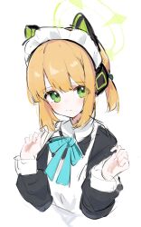 Rule 34 | 1girl, animal ear headphones, animal ears, apron, black dress, blonde hair, blue archive, blush, closed mouth, dress, fake animal ears, green eyes, green halo, halo, headphones, highres, long sleeves, looking at viewer, maid, maid headdress, midori (blue archive), midori (maid) (blue archive), noko (nco029685627), official alternate costume, short hair, simple background, sketch, solo, upper body, white apron, white background