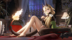 Rule 34 | 1girl, absurdres, ahoge, arknights, bare legs, barefoot, black sweater, blonde hair, book, breasts, chess piece, dragon girl, dragon horns, dragon tail, flame-tipped tail, flower, green eyes, hair flower, hair ornament, highres, horns, indoors, infection monitor (arknights), lamp, light blush, ling dianxia, looking at viewer, medium breasts, night, night sky, official alternate costume, plant, potted plant, reed (arknights), reed the flame shadow (arknights), ribbed sweater, sidelocks, sky, solo, sweater, tail, tail ornament, tail ring, typewriter, white flower, window