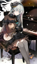 Rule 34 | 1girl, anastasia (fate), black dress, black hairband, black ribbon, blue eyes, blurry, blurry background, breasts, closed mouth, commentary request, crown, depth of field, dress, eyes visible through hair, fate/grand order, fate (series), fingernails, flower, grey flower, grey rose, grey thighhighs, hair flower, hair ornament, hair over one eye, hair ribbon, hairband, head tilt, hirai yuzuki, instrument, light brown hair, long hair, long sleeves, medium breasts, mini crown, off-shoulder dress, off shoulder, petals, piano, piano bench, ribbon, rose, signature, silver hair, sitting, solo, thighhighs, very long hair, white flower