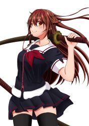 Rule 34 | 1girl, black serafuku, boots, brown hair, hair flaps, hairband, highres, kantai collection, katana, orange eyes, over shoulder, porco1127, red hairband, remodel (kantai collection), school uniform, serafuku, shiratsuyu (kancolle), sword, thighhighs, weapon, weapon over shoulder