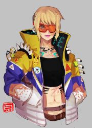 Rule 34 | alternate hairstyle, apex legends, black tube top, blue eyes, cosplay, crypto (apex legends), crypto (apex legends) (cosplay), facial scar, goggles, grey background, hands in pockets, highres, hype beast crypto, jacket, midriff, multicolored clothes, multicolored jacket, navel, one eye covered, patch, purple lips, scar, scar on cheek, scar on chest, scar on face, scar on stomach, shaira (noxlotl), short hair, spikes, strapless, tube top, tube top, upper body, wattson (apex legends)
