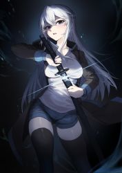 Rule 34 | 1girl, black coat, black thighhighs, blue eyes, blue shorts, braid, breasts, character request, coat, collarbone, collared coat, commentary, commission, crossed bangs, dark background, drawing sword, english commentary, feet out of frame, french braid, glint, hair between eyes, highres, holding, holding sword, holding weapon, large breasts, legs apart, light blush, light particles, long hair, looking at viewer, molyb, open mouth, serious, sheath, short shorts, shorts, sidelocks, solo, standing, sword, thighhighs, thighs, unsheathing, weapon, white hair