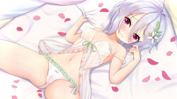 Rule 34 | 1girl, blush, bra, breasts, frown, hair ornament, kokkoro (princess connect!), looking at viewer, nc731, panties, pointy ears, princess connect!, red eyes, short hair, small breasts, solo, spread legs, underwear, white bra, white hair, white panties