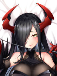 Rule 34 | 1girl, arm warmers, asymmetrical bangs, azur lane, bakugadou, bare shoulders, conductor baton, bed sheet, black hair, bodysuit, breasts, cleavage, collar, collarbone, dakimakura (medium), feather trim, friedrich der grosse (azur lane), gloves, hair over one eye, horn ornament, horns, large breasts, long hair, looking at viewer, lying, on back, red gloves, smile, solo, straight hair, taut clothes, turtleneck, upper body, yellow eyes