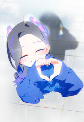 Rule 34 | 1girl, absurdres, black hair, blue hoodie, blush, bm tol, closed eyes, commentary, facing viewer, forehead, from above, hands up, heart, heart hands, highres, hood, hoodie, long hair, long sleeves, mole, mole under eye, original, sleeves past wrists, smile, solo, symbol-only commentary