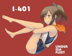 Rule 34 | 1girl, barefoot, brown eyes, brown hair, character name, commentary request, full body, hair ornament, hairclip, highres, hugging own legs, i-401 (kancolle), kantai collection, one-piece tan, orange sailor collar, ponytail, sailor collar, school swimsuit, shirt, short ponytail, side-tie shirt, sleeveless, sleeveless shirt, smile, solo, suzuya kirie, swimsuit, swimsuit under clothes, tan, tanline