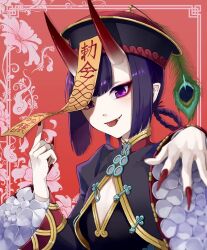 Rule 34 | 1girl, black dress, black hat, braid, braided hair rings, breasts, china dress, chinese clothes, cleavage cutout, clothing cutout, dress, eyeliner, fangs, fate/grand order, fate (series), frills, hair rings, hat, highres, horns, jiangshi, kino kokko, long sleeves, looking at viewer, makeup, nail polish, ofuda, oni, outstretched arm, peacock feathers, pointy ears, purple eyes, purple hair, qingdai guanmao, short hair, shuten douji (fate), shuten douji (festival outfit) (fate), skin-covered horns, small breasts, smile, solo, talisman, tongue, tongue out, twin braids, wide sleeves