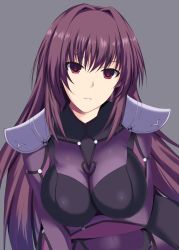 Rule 34 | 1girl, armor, bodysuit, breasts, cir.e (shie), fate/grand order, fate (series), highres, large breasts, long hair, looking at viewer, parted lips, pauldrons, purple bodysuit, purple hair, red eyes, scathach (fate), scathach (fate), shoulder armor, solo