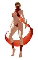 Rule 34 | 1girl,  eyes, abs, absurdres, ankle wrap, arabian, arabian clothes, arched back, arms at sides, assassin, bandana, bandana over mouth, barefoot, blonde hair, bra, breasts, cleavage, feet, female focus, from below, full body, green eyes, green toenails, groin, hair ornament, headband, highleg, highleg panties, highres, holding, holding weapon, jewelry, kazukida, legs, long hair, looking at viewer, looking down, medium breasts, nail polish, navel, outie navel, panties, applying pedicure, pointy ears, red bandana, red bra, red panties, sidelocks, simple background, solo, standing, thighs, tiptoes, toenail polish, toenails, toes, underwear, weapon, white background