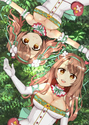Rule 34 | 2girls, absurdres, armlet, back bow, bag, bow, bowtie, breasts, brown hair, detached collar, dress, elbow gloves, flower, flower knight girl, frills, gloves, green background, green bow, green hairband, hair flower, hair ornament, hairband, highres, indie virtual youtuber, large breasts, long hair, lying, medium hair, multiple girls, nazuna (flower knight girl), on back, oppai loli, osanai nazuna, outstretched arms, shiny skin, spread arms, symmetry, takamatsu tsukasa, twintails, upper body, virtual youtuber, white dress, white gloves