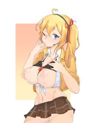 Rule 34 | 1girl, ahoge, black bra, blonde hair, blue eyes, blush, bow, bra, bra lift, breasts, brown skirt, collarbone, cum, cum in mouth, cum on body, cum on breasts, cum on upper body, female focus, girls&#039; frontline, hair ornament, hairband, hand on own chest, hands up, jacket, kalina (girls&#039; frontline), large breasts, licking, licking finger, looking at viewer, miniskirt, moebell, nipples, one eye closed, open clothes, open jacket, open shirt, orange background, plaid, plaid skirt, pleated skirt, ponytail, puffy nipples, red bow, red ribbon, ribbon, shirt, side ponytail, simple background, skirt, solo, standing, sweat, tied shirt, tongue, tongue out, two-tone background, underwear, white background, white shirt, wink, yellow jacket