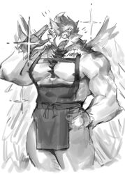 Rule 34 | 1boy, ^ ^, abs, apron, bara, bare pectorals, beak, bird boy, body fur, breast cutout, character request, chest tuft, closed eyes, cropped legs, feathered wings, furry, furry male, greyscale, highres, large pectorals, legs together, male focus, mature male, monochrome, muscular, muscular male, naked apron, neumo, nipples, pectorals, short hair, sketch, solo, sparkle, stomach, thick eyebrows, thick thighs, thighs, three-finger salute, tokyo houkago summoners, two-tone fur, waist apron, wings