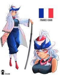 Rule 34 | 1girl, a2t will draw, artist name, bandana, bare shoulders, bead necklace, beads, belt, belt buckle, blue jacket, blue pants, boots, breasts, buckle, closed mouth, commentary, cropped torso, english commentary, facial mark, french flag, hair between eyes, hair through headwear, highres, jacket, jewelry, katana, kimetsu no yaiba, long hair, long sleeves, looking at viewer, medium breasts, multiple views, necklace, open clothes, original, pants, parted lips, prayer beads, purple eyes, red footwear, sheath, sheathed, silver hair, simple background, sleeveless, sleeveless jacket, smile, sword, v-shaped eyebrows, watermark, weapon, white background, white belt, wide sleeves