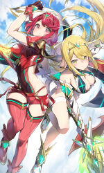 Rule 34 | 2girls, absurdres, aegis sword (xenoblade), bare shoulders, black gloves, blonde hair, blush, breasts, chest jewel, cleavage, cleavage cutout, clothing cutout, dress, elbow gloves, fingerless gloves, gloves, hatsuga (dmaigmai), highres, large breasts, long hair, looking at viewer, multiple girls, mythra (xenoblade), pyra (xenoblade), red eyes, red hair, red shorts, red thighhighs, short dress, short hair, short shorts, shorts, smile, swept bangs, sword, thighhighs, thighs, tiara, weapon, white dress, white thighhighs, xenoblade chronicles (series), xenoblade chronicles 2, yellow eyes