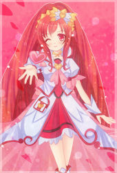 Rule 34 | 1girl, ;), boots, bow, brooch, choker, cure ace, dokidoki! precure, dress, hair bow, heart, heart brooch, hiri (hiria753), hiria753, jacket, jewelry, knee boots, long hair, madoka aguri, magical girl, one eye closed, petals, ponytail, precure, puffy sleeves, red dress, red eyes, red hair, red skirt, skirt, smile, solo, wink