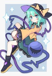 Rule 34 | 1girl, black footwear, black headwear, blue background, border, bow, buttons, diamond button, frilled sweater, full body, green eyes, highres, komeiji koishi, lack7of7sleep4, light green hair, looking at viewer, smile, solo, sparkle, string, sweater, third eye, touhou, white border, yellow bow, yellow sweater