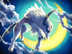 Rule 34 | 7 phi 3, absol, cloud, creatures (company), crescent moon, forehead jewel, from below, game freak, gen 3 pokemon, highres, horns, jumping, moon, night, night sky, nintendo, pokemon, pokemon (creature), red eyes, single horn, sky, tail, white fur