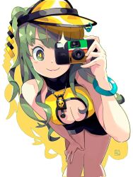Rule 34 | 1girl, andrewcockroach, bracelet, breasts, camera, closed mouth, eyelashes, green eyes, green hair, highres, holding, holding camera, jewelry, large breasts, long hair, looking at viewer, original, pov, shorts, sleeveless, smile, solo, thighs, twintails, two side up, visor cap