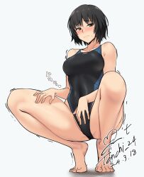 Rule 34 | absurdres, amagami, aroused, artist name, barefoot, black hair, black one-piece swimsuit, blue sweater, blush, breasts, brown eyes, collarbone, commentary, competition school swimsuit, competition swimsuit, dated, from below, hand on own crotch, hand on own leg, highleg, highleg swimsuit, highres, large breasts, looking at viewer, looking down, nanasaki ai, nose blush, one-piece swimsuit, raised eyebrows, school swimsuit, short hair, signature, spread legs, squatting, sweater, swimsuit, tiptoes, toes, translated, trembling, two-tone swimsuit, yoo tenchi