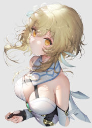 Rule 34 | 1girl, bare shoulders, blonde hair, blush, breasts, cleavage, detached sleeves, dress, feather hair ornament, feathers, flower, genshin impact, grey background, hair between eyes, hair flower, hair ornament, highres, large breasts, looking at viewer, lumine (genshin impact), medium hair, scarf, sencha (senchat), sidelocks, simple background, solo, white dress, white scarf, yellow eyes