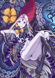 Rule 34 | 1girl, abigail williams (fate), abigail williams (third ascension) (fate), black bow, black panties, bow, e neko, fate/grand order, fate (series), grey hair, hat, highres, holding, holding key, key, charm (object), keyhole, long hair, looking at viewer, orange bow, pale skin, panties, red eyes, smile, solo, star (symbol), star print, tentacles, third eye, underwear, very long hair, witch hat