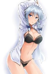 Rule 34 | 1girl, arms up, black bra, black panties, blue background, blue bow, blue eyes, blush, bow, bra, braid, breasts, cleavage, commentary request, cowboy shot, floral print, gradient background, hair between eyes, hair bow, highres, izayoi sakuya, large breasts, lips, long sleeves, looking at viewer, maid headdress, navel, no pants, open clothes, open shirt, panties, shiny skin, shirt, short hair, silver hair, solo, standing, stomach, thighs, touhou, twin braids, underwear, white background, white shirt, y2