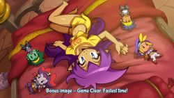 Rule 34 | 1boy, 4girls, alternate costume, bed, bed sheet, bedroom, blue eyes, bolo (shantae), casual, dark skin, hair down, looking at viewer, lying, midriff, multiple girls, navel, on bed, purple hair, risky boots, rottytops, shantae, shantae (series), shirt, short shorts, short sleeves, shorts, sky (shantae), smile, stuffed toy, t-shirt, text focus