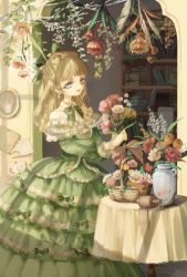 Rule 34 | 1girl, :d, basket, blonde hair, blue eyes, blunt bangs, bouquet, bow, bowtie, box, braid, crown braid, daisy, dappled sunlight, detached collar, dress, earrings, feet out of frame, flower, gift, gift box, green bow, green bowtie, green dress, half updo, herb bundle, highres, holding, holding bouquet, indoors, jewelry, layered dress, lily of the valley, long hair, long sleeves, looking at object, off-shoulder dress, off shoulder, open mouth, original, picture frame, pink flower, red flower, rose, saika usagi, scroll, shelf, smile, solo, standing, sunlight, table, tablecloth, vase, white flower, yellow flower, yellow rose