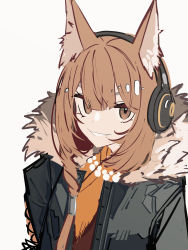 Rule 34 | 1girl, animal ears, arknights, bead necklace, beads, black jacket, braid, brown eyes, brown hair, fur-trimmed jacket, fur trim, hair between eyes, headphones, highres, implied extra ears, jacket, jewelry, long hair, looking at viewer, necklace, open clothes, open jacket, orange shirt, ratatos browntail (arknights), shirt, simple background, smile, solo, squirrel ears, squirrel girl, tetuw, upper body, white background