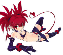 Rule 34 | 1girl, bare shoulders, black gloves, black thighhighs, boots, bracelet, buckle, collar, demon girl, demon tail, demon wings, disgaea, elbow gloves, etna (disgaea), gloves, jewelry, knee boots, makai senki disgaea, makai senki disgaea 2, red eyes, red hair, solo, stomach, tail, thighhighs, twintails, wings
