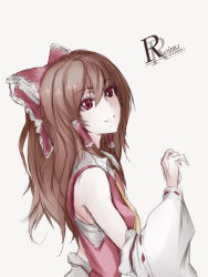 Rule 34 | 1girl, ascot, bad id, bad pixiv id, bare shoulders, bow, brown hair, character name, detached sleeves, dress, eyelashes, from side, hacchi (kyo-666), hair bow, hair tubes, hakurei reimu, long hair, looking up, red eyes, sarashi, simple background, solo, touhou, upper body