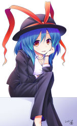 Rule 34 | 1girl, :d, alternate costume, aozora market, blazer, blue hair, blush, bracelet, breasts, cleavage, collared shirt, contemporary, hat, high heels, jewelry, looking at viewer, nagae iku, necklace, open mouth, pants, red eyes, shirt, smile, solo, touhou