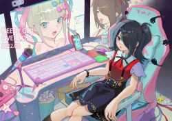 Rule 34 | 1girl, absurdres, ame-chan (needy girl overdose), black hair, black ribbon, black skirt, blonde hair, blue bow, blue eyes, blue hair, bow, cellphone, chair, chouzetsusaikawa tenshi-chan, collar, collared shirt, from above, gaming chair, hair bow, hair ornament, hair over one eye, hair tie, hairclip, highres, indoors, jintianyefanma, jirai kei, keyboard (computer), long hair, looking at viewer, lsd, microphone, monitor, mouse (computer), multicolored hair, multiple monitors, neck ribbon, needy girl overdose, on chair, open mouth, phone, pink bow, pink hair, purple bow, quad tails, red shirt, ribbon, shirt, shirt tucked in, sitting, skirt, smartphone, suspender skirt, suspenders, swivel chair, tongue, tongue out, twintails, white collar, x hair ornament