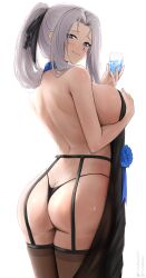 Rule 34 | 1girl, absurdres, ass, azur lane, back, backless dress, backless outfit, bare shoulders, black dress, black panties, black ribbon, blue eyes, blue flower, blush, breasts, brown thighhighs, butt crack, champagne flute, closed mouth, commentary, commission, cowboy shot, cup, dress, dress flower, drinking glass, english commentary, evening gown, flower, garter straps, hair ribbon, highres, holding, holding cup, large breasts, long hair, looking at viewer, official alternate costume, official alternate hairstyle, panties, parted bangs, pixiv username, ponytail, ribbon, sideboob, sidelocks, simple background, skindentation, smile, solo, standing, thighhighs, thong, twitter username, underwear, white background, white hair, yorktown (azur lane), yorktown (evening i can&#039;t remember) (azur lane), yunareas