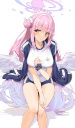 Rule 34 | 1girl, bare legs, blue archive, blue jacket, blunt bangs, blush, breasts, closed mouth, commentary request, feet out of frame, hair bun, halo, highres, jacket, jacket on shoulders, kakumayu, large breasts, long hair, looking at viewer, low wings, mika (blue archive), pink hair, scrunchie, shirt, simple background, single side bun, sitting, smile, solo, very long hair, white background, white shirt, wings, wrist scrunchie, yellow eyes