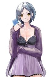 Rule 34 | 10s, 1girl, black hair, breasts, cellphone, cleavage, commentary request, graphite (medium), hayami kanade, idolmaster, idolmaster cinderella girls, long sleeves, looking at viewer, medium breasts, naga1047, parted bangs, phone, short hair, smartphone, solo, traditional media, white background, yellow eyes