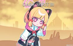Rule 34 | 1girl, :&lt;, animal ear headphones, animal ears, black skirt, black thighhighs, blonde hair, blue archive, blue necktie, blunt bangs, blurry, bow, brand name imitation, cat ear headphones, cat tail, chibi, clenched hand, coat, collared shirt, commentary, dark souls (series), dark souls iii, depth of field, english commentary, fake animal ears, fake tail, hair bow, hair ribbon, halo, headphones, highres, kneeling, long sleeves, looking at viewer, momoi (blue archive), necktie, open clothes, open coat, outdoors, parody, parted bangs, pleated skirt, pose imitation, red eyes, ribbon, rynzfrancis, school uniform, shirt, short hair, sidelocks, skirt, solo, tail, thighhighs, tress ribbon, v-shaped eyebrows, white coat, white shirt, zettai ryouiki