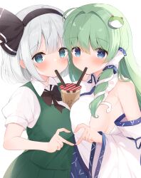 Rule 34 | 2girls, bare shoulders, black hairband, black ribbon, blue eyes, blush, breasts, bubble tea, collared shirt, detached sleeves, drinking, drinking straw, drinking straw in mouth, frog hair ornament, green hair, green skirt, green vest, grey hair, hair ornament, hair ribbon, hair tubes, hairband, highres, japanese clothes, kagerou (shadowmage), kochiya sanae, konpaku youmu, large breasts, long hair, looking at viewer, multiple girls, nontraditional miko, puffy short sleeves, puffy sleeves, ribbon, shirt, short hair, short sleeves, sideboob, simple background, skirt, snake hair ornament, touhou, vest, white background, white shirt, white sleeves, wide sleeves