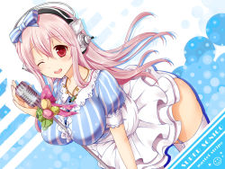 Rule 34 | 1girl, ;d, asahi yanagi, between breasts, blush, bow, breasts, garter straps, headphones, large breasts, long hair, looking at viewer, macaron, microphone, microphone stand, nitroplus, one eye closed, open mouth, pink hair, red eyes, smile, solo, striped, super sonico, vertical stripes