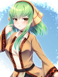 Rule 34 | 1girl, alternate costume, amane (230075), belt, blush, breasts, brown jacket, c.c., choker, closed mouth, code geass, code geass: fukkatsu no lelouch, commentary request, green hair, hand up, highres, jacket, large breasts, long hair, looking at viewer, red choker, shirt, sidelocks, simple background, smile, solo, upper body, white shirt, yellow eyes