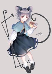 Rule 34 | 1girl, animal ear fluff, animal ears, artist name, basket, black footwear, black skirt, black vest, blue capelet, blush, capelet, chikuwa savy, commentary request, dowsing rod, full body, grey background, grey hair, highres, holding, holding with tail, jewelry, loafers, long sleeves, looking at viewer, mouse (animal), mouse ears, mouse tail, nazrin, pendant, prehensile tail, puffy sleeves, red eyes, shirt, shoes, short hair, simple background, skirt, skirt set, smile, socks, solo, tail, touhou, twitter username, v-shaped eyebrows, vest, white shirt, white socks