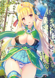 Rule 34 | 1girl, :d, absurdres, arm up, armpits, blonde hair, blunt bangs, blush, boots, breasts, butterfly hair ornament, capelet, cleavage, commentary request, day, detached sleeves, dress, elf, facial mark, fingernails, frilled sleeves, frills, gem, gradient eyes, green dress, green skirt, hair ornament, hair ribbon, hand on own chest, head tilt, highres, large breasts, leaf, liya, long hair, looking at viewer, microskirt, multicolored eyes, open mouth, orange eyes, original, outdoors, panties, pantyshot, plant, pleated dress, pointy ears, red ribbon, ribbon, single thigh boot, single thighhigh, skindentation, skirt, smile, solo, standing, striped clothes, striped thighhighs, thigh boots, thighhighs, tiara, underwear, upskirt, vertical-striped clothes, vertical-striped thighhighs, very long hair, white panties, yellow eyes