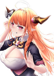 Rule 34 | 1girl, absurdres, ahoge, blonde hair, blush, bow, braid, breasts, brooch, cleavage cutout, clothing cutout, crying, crying with eyes open, dragon girl, dragon horns, grin, highres, hinamayo, hololive, horn bow, horn ornament, horns, jewelry, kiryu coco, kiryu coco (1st costume), large breasts, long hair, looking at viewer, multicolored hair, orange hair, pointy ears, red eyes, side braid, simple background, smile, solo, streaked hair, tears, upper body, virtual youtuber, white background