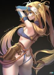 Rule 34 | 1girl, armor, arms up, ass, back, bare shoulders, bikini, black background, blonde hair, blue bikini, blue eyes, bradamante (fate), bradamante (third ascension) (fate), braid, breasts, butt crack, character name, elbow gloves, fate/grand order, fate (series), faulds, french braid, gloves, gradient background, halterneck, highres, kyjsogom, long hair, looking at viewer, looking back, medium breasts, solo, swimsuit, thighs, twintails, two-tone bikini, tying hair, very long hair, white bikini
