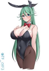 Rule 34 | 1girl, alternate breast size, animal ears, bare shoulders, black leotard, black pantyhose, black ribbon, blue eyes, blush, bow, bowtie, breasts, cleavage, detached collar, fake animal ears, green hair, hair between eyes, hair flaps, hair ornament, hair ribbon, hairclip, hashtag only commentary, highres, kantai collection, large breasts, leotard, long hair, looking at viewer, open mouth, pantyhose, playboy bunny, ponytail, rabbit ears, rabbit tail, ribbon, solo, strapless, strapless leotard, tail, tf cafe, twitter username, very long hair, wrist cuffs, yamakaze (kancolle)