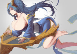 Rule 34 | 1girl, bare shoulders, blue eyes, blue hair, bow, breasts, cleavage, detached sleeves, dress, from side, hair bow, huge breasts, instrument, large breasts, league of legends, long hair, looking at viewer, low neckline, matching hair/eyes, off shoulder, short dress, side slit, sky of morika, smile, solo, sona (league of legends), twintails, very long hair
