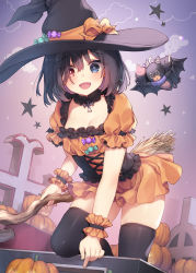 Rule 34 | 1girl, blue eyes, breasts, broom, candy, cleavage, cross, food, halloween, hat, heterochromia, highres, holding, holding broom, konomi (kino konomi), liar liar, looking at viewer, medium breasts, medium hair, multicolored eyes, official alternate costume, official art, open mouth, puffy short sleeves, puffy sleeves, pumpkin, red eyes, shiina tsumugi, short sleeves, skindentation, smile, solo, star (symbol), thighhighs, thighs, witch hat